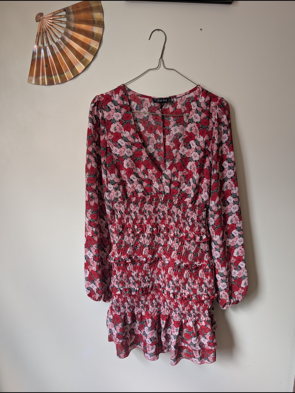 Trixxi Red Pink Floral Smocked Long-Sleeve Mini Dress